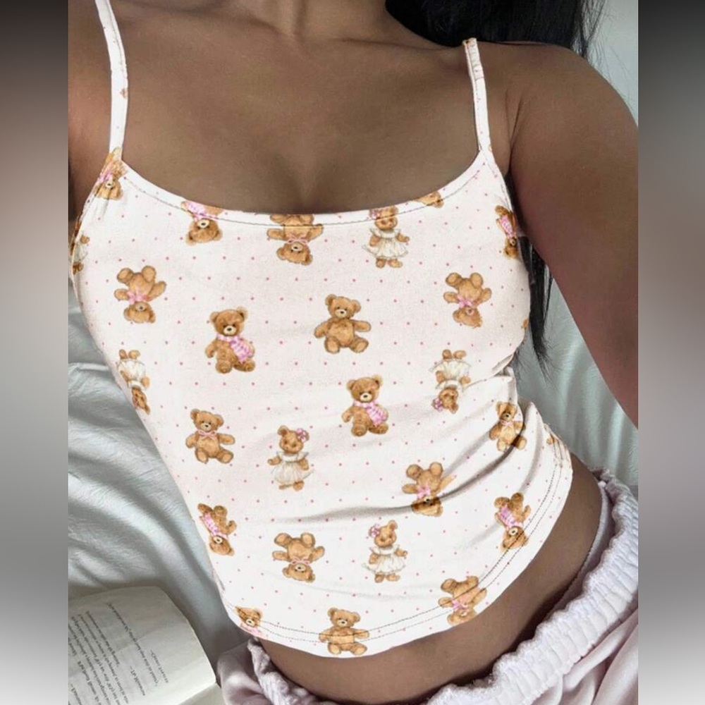 Chic Nation Cream Teddy Bear Print Top